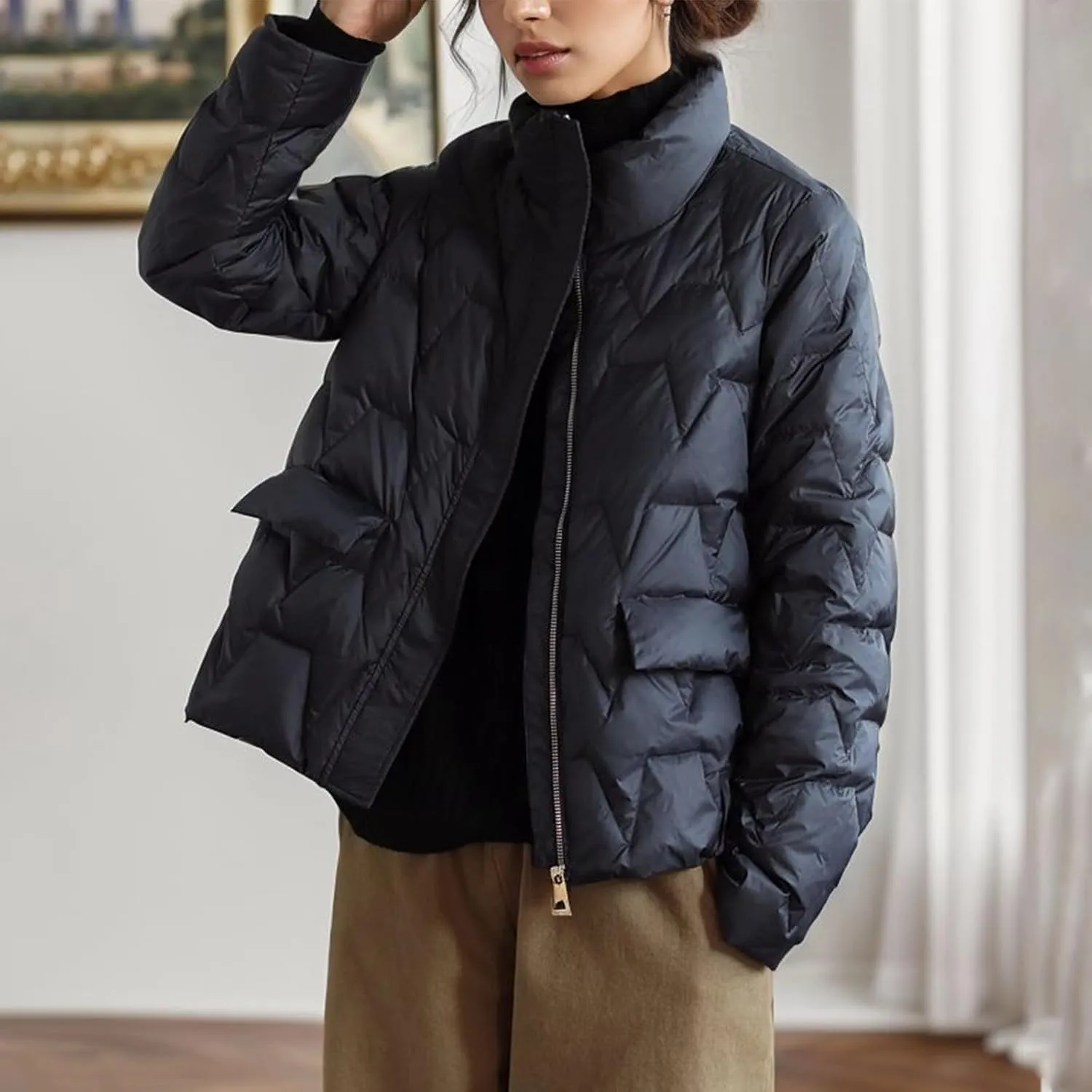 2023 Women's Lightweight Down Coat Long Sleeve Zip Packable Short Puffer Jackets Trendy Casual Windproof Winter Outerwear