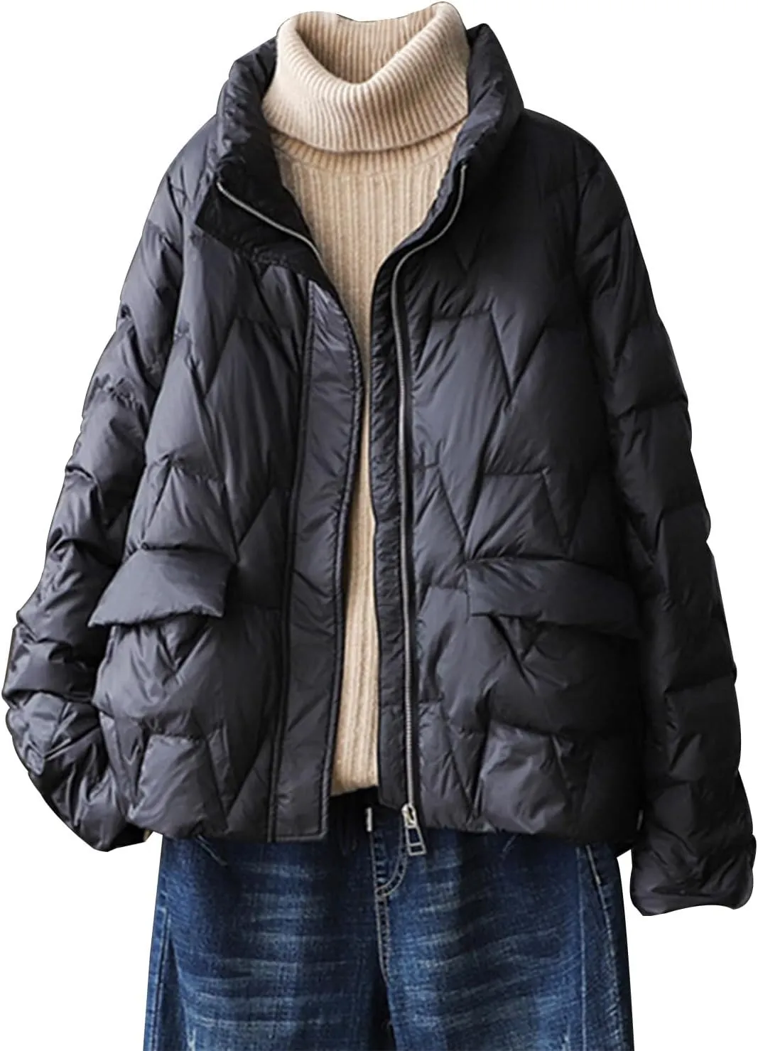 2023 Women's Lightweight Down Coat Long Sleeve Zip Packable Short Puffer Jackets Trendy Casual Windproof Winter Outerwear