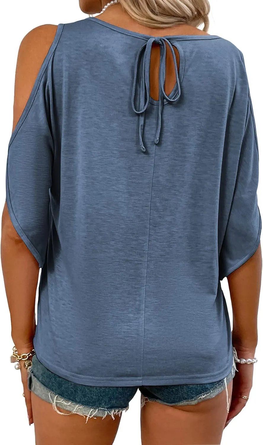 Aoysky Women Cold Shoulder Tops Summer Short Sleeve Shirt Scoop Neck Tee Casual Loose Fitting Solid Color Tunic Top