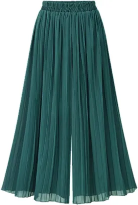 chouyatou Women's Elastic Waist A-Line Pleated Chiffon Cropped Wide Leg Pants Culottes