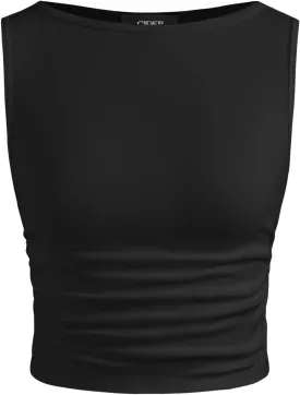 CIDER Boat Neck Ruched Solid Crop Tank Top