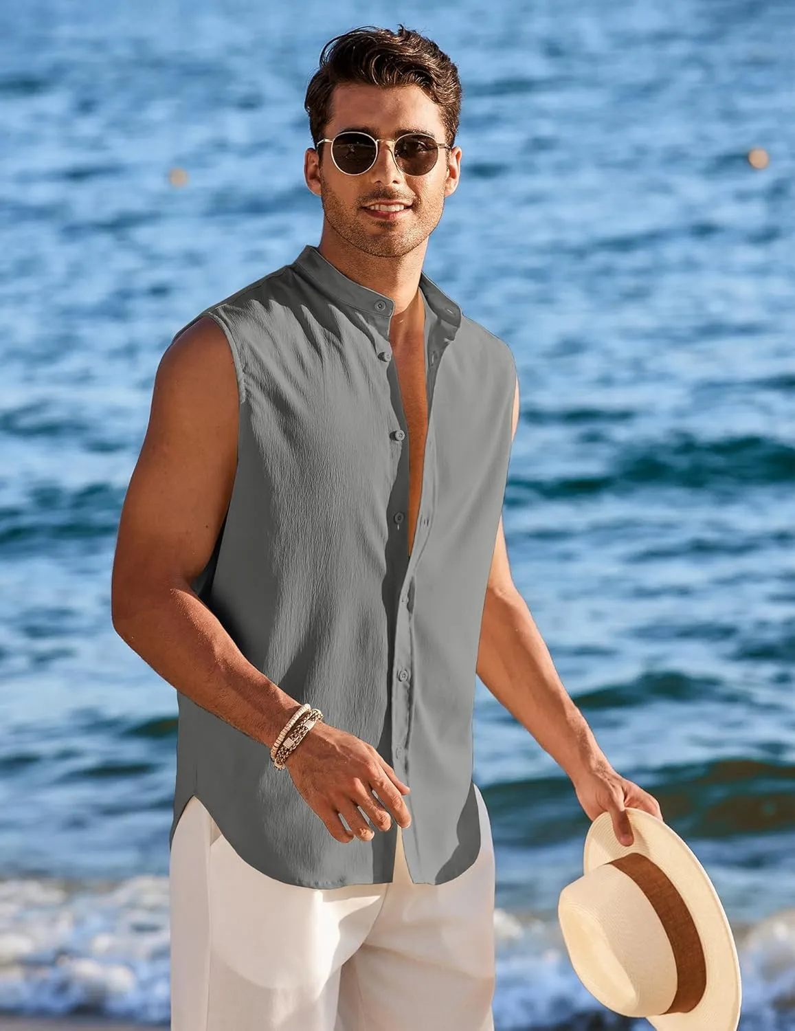 COOFANDY Men's Summer Beach Tank Tops Sleeveless Button Up Shirt Casual Textured Tank Shirts
