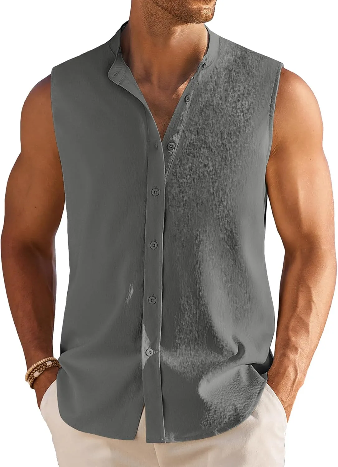 COOFANDY Men's Summer Beach Tank Tops Sleeveless Button Up Shirt Casual Textured Tank Shirts