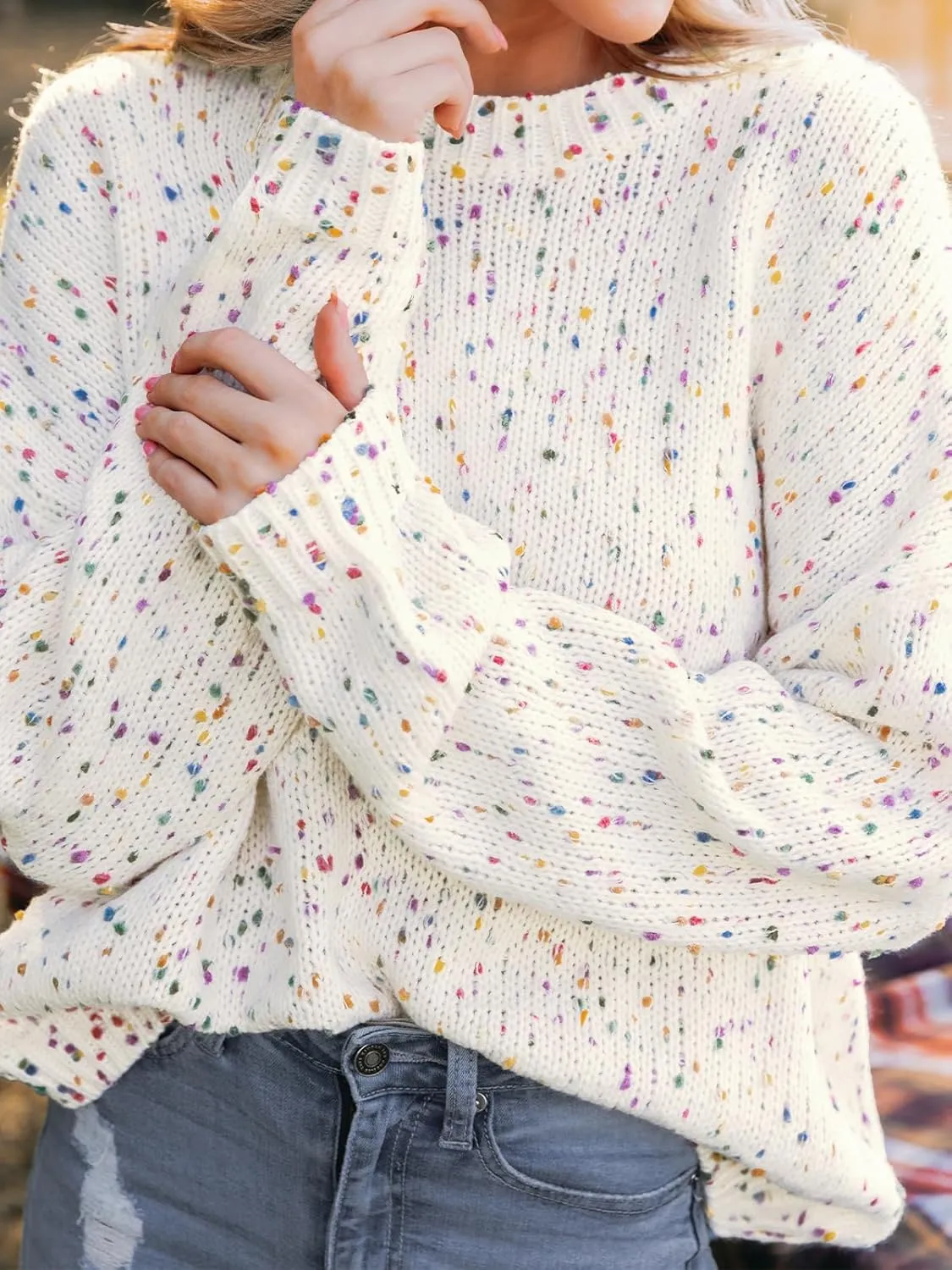 CUPSHE Womens Pullover Sweater Rainbow Pom Ribbed Knit Long Sleeve Fall Colorful Jumper Tops
