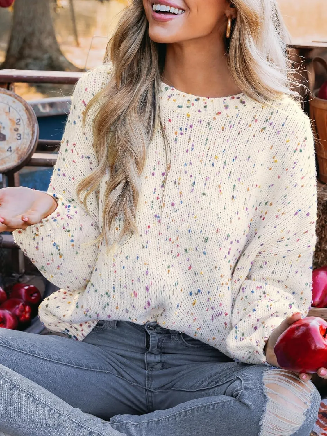 CUPSHE Womens Pullover Sweater Rainbow Pom Ribbed Knit Long Sleeve Fall Colorful Jumper Tops