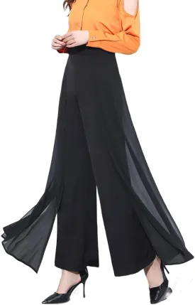 Double Plus Open Womens Chiffon High Waist Palazzo Dressy Pants Flare Elastic Waist Culottes Trousers Pant