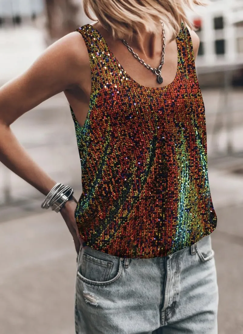 EUDOLAH Womens Sequin Sparkle Tank Tops Casual Scoop Neck Sleeveless Streetwear Club Party Glitter Base Tank Top