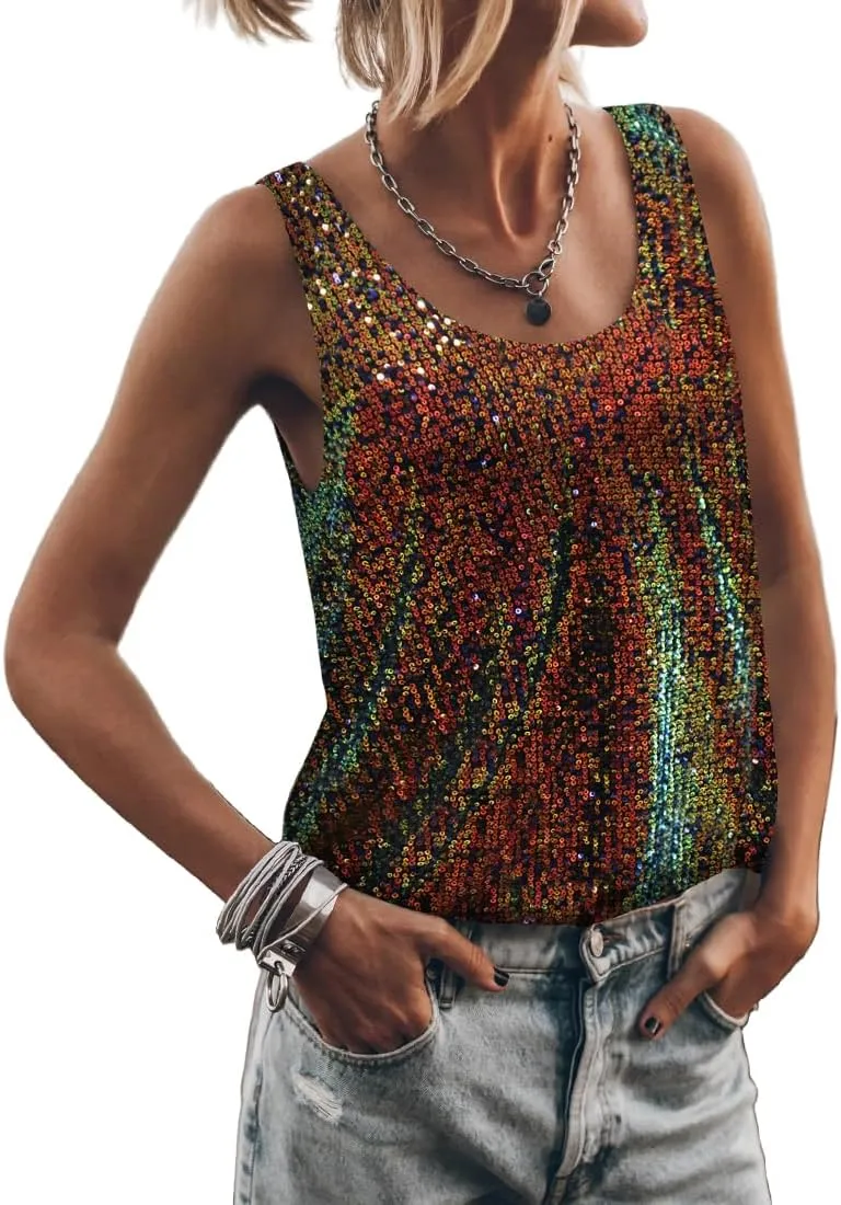 EUDOLAH Womens Sequin Sparkle Tank Tops Casual Scoop Neck Sleeveless Streetwear Club Party Glitter Base Tank Top
