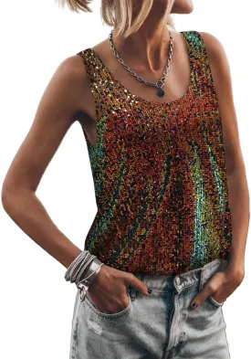 EUDOLAH Womens Sequin Sparkle Tank Tops Casual Scoop Neck Sleeveless Streetwear Club Party Glitter Base Tank Top