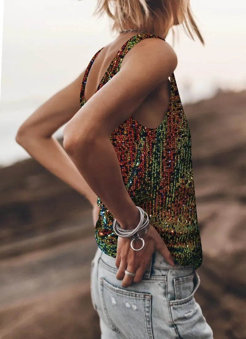 EUDOLAH Womens Sequin Sparkle Tank Tops Casual Scoop Neck Sleeveless Streetwear Club Party Glitter Base Tank Top