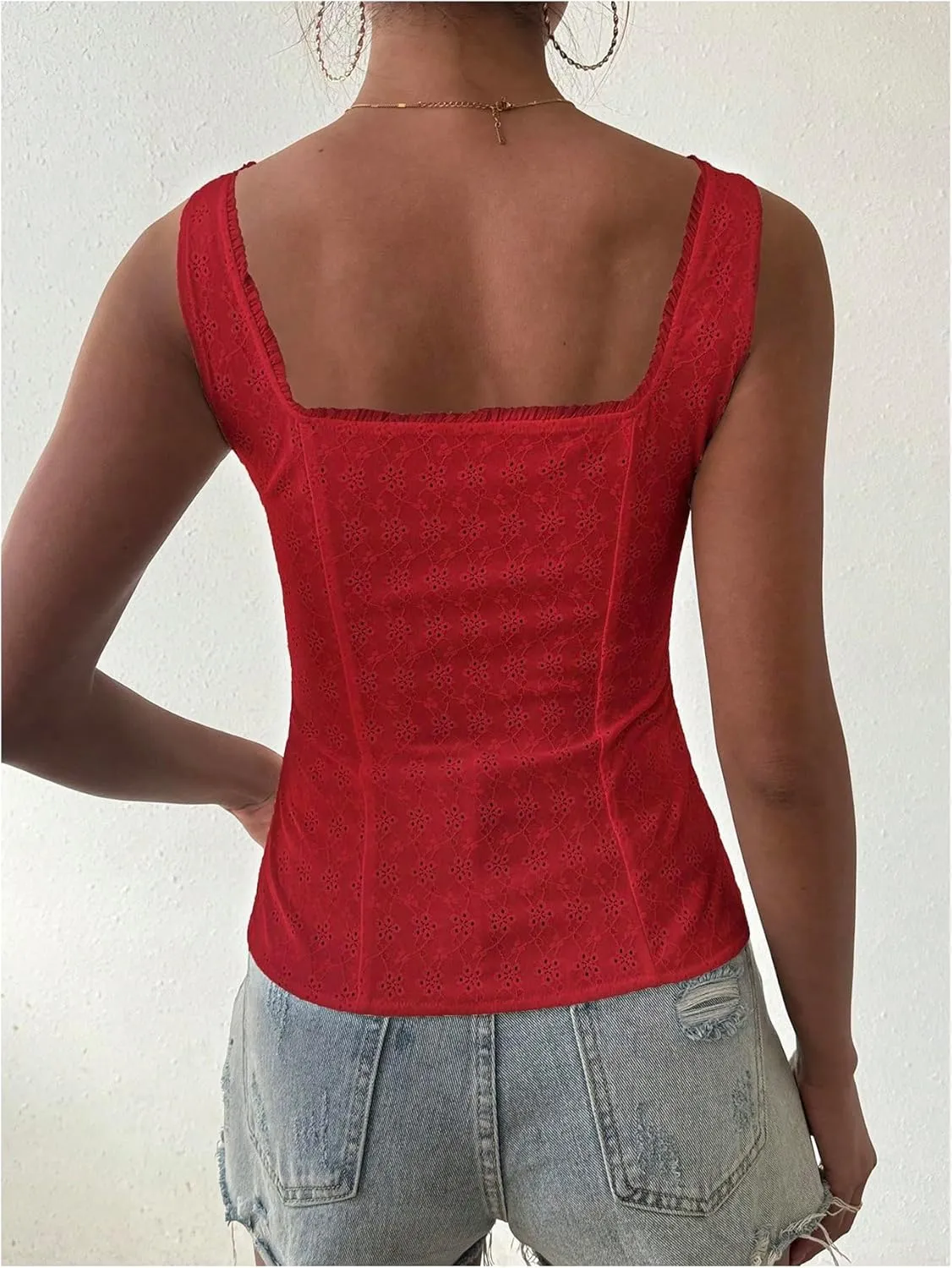 Floerns Women's Button Front Sleeveless Eyelet Embroidery Sleeveless Tank Top