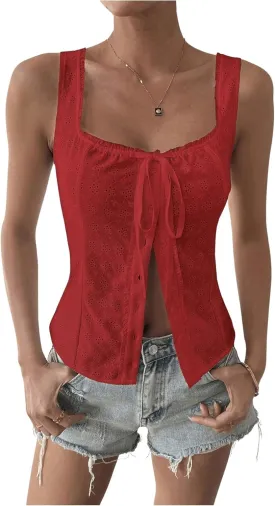 Floerns Women's Button Front Sleeveless Eyelet Embroidery Sleeveless Tank Top