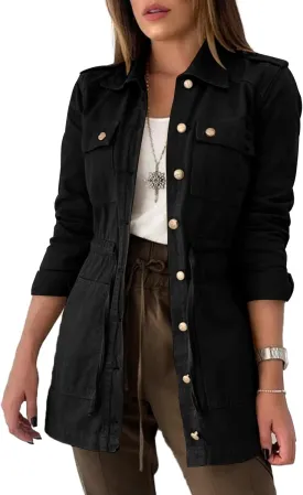 Gevomir Jackets For Women Button Down Lightweight Utility Anorak Trench Military Outwear Coat with Pockets