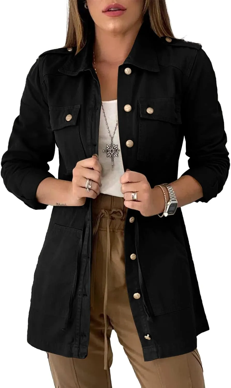Gevomir Jackets For Women Button Down Lightweight Utility Anorak Trench Military Outwear Coat with Pockets
