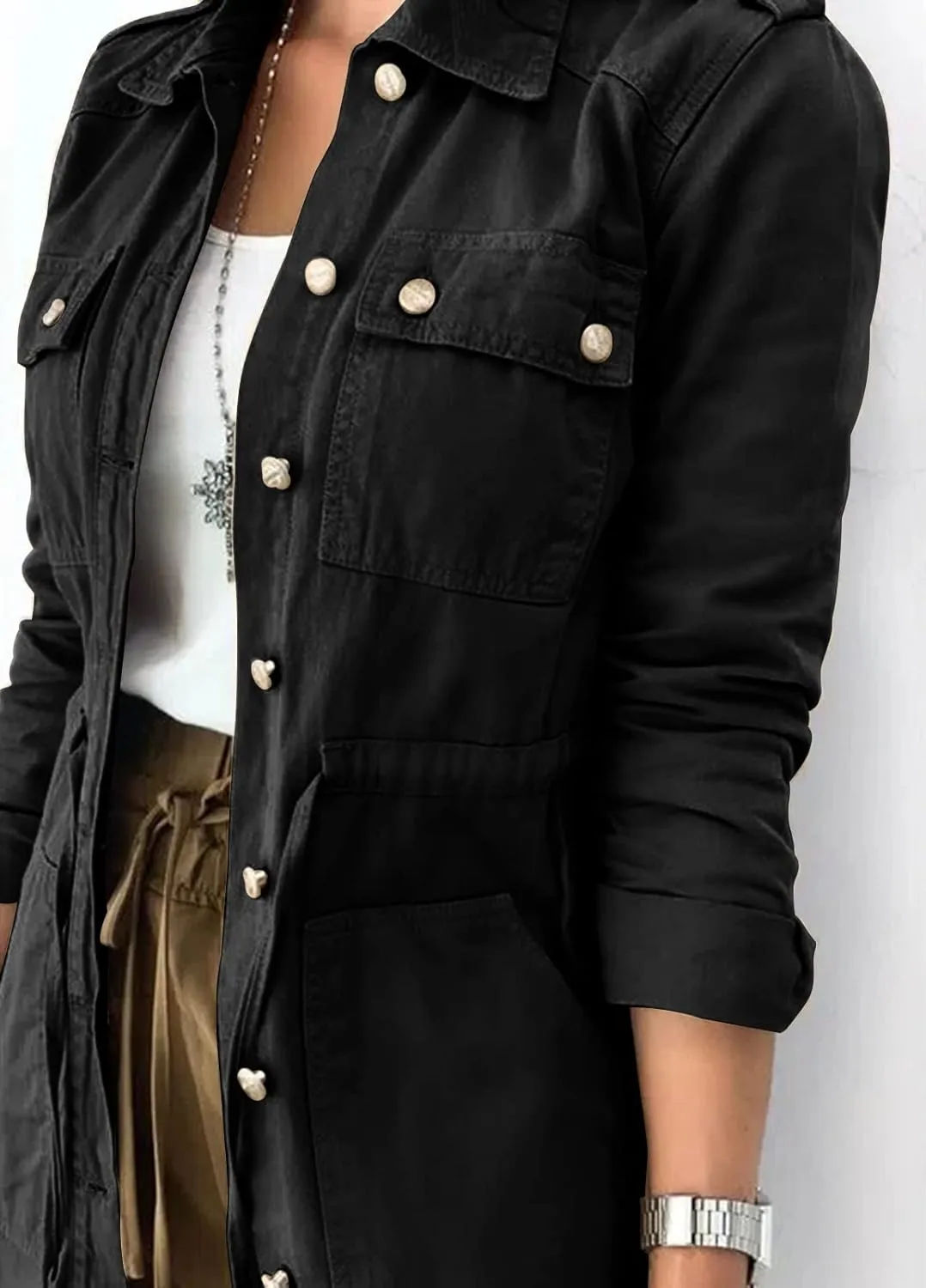 Gevomir Jackets For Women Button Down Lightweight Utility Anorak Trench Military Outwear Coat with Pockets