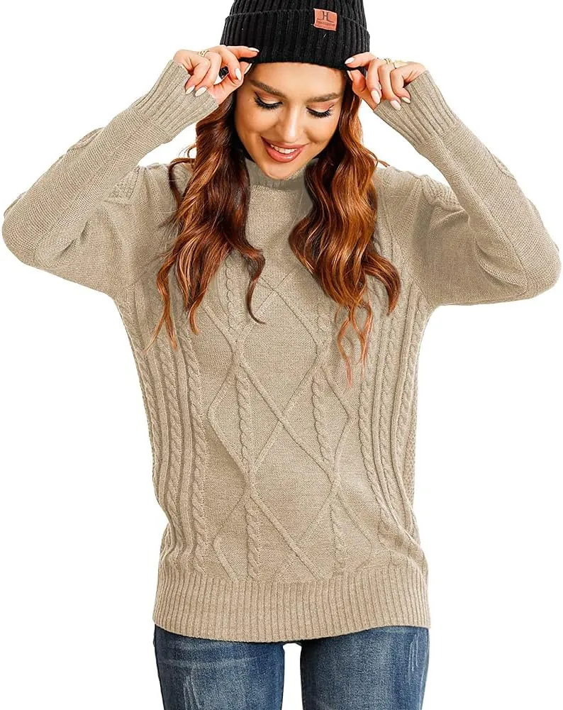 HWOKEFEIYU Women's Turtleneck Cable Knit Long Sleeve Pullover Sweater