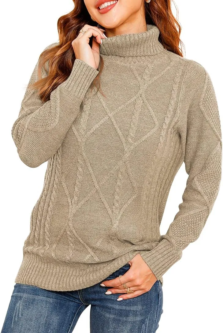HWOKEFEIYU Women's Turtleneck Cable Knit Long Sleeve Pullover Sweater