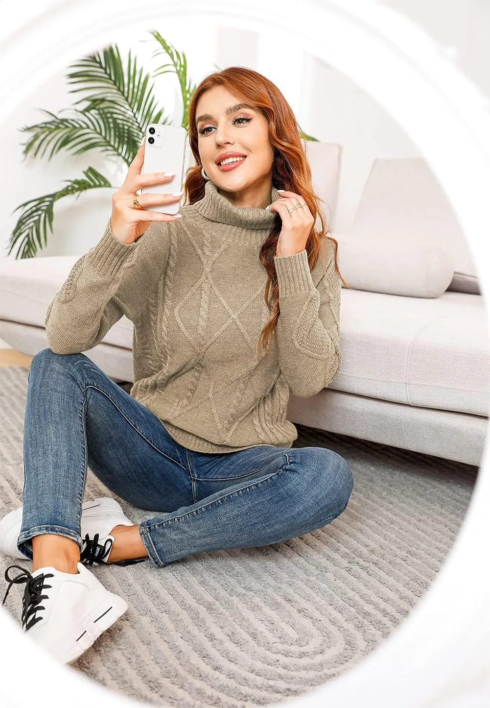 HWOKEFEIYU Women's Turtleneck Cable Knit Long Sleeve Pullover Sweater