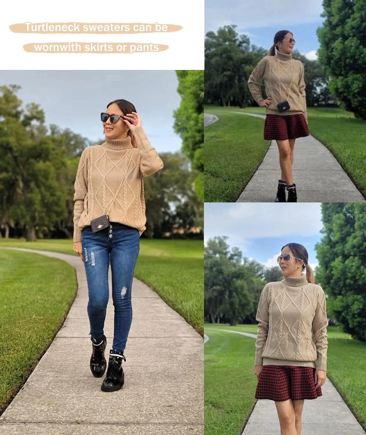 HWOKEFEIYU Women's Turtleneck Cable Knit Long Sleeve Pullover Sweater
