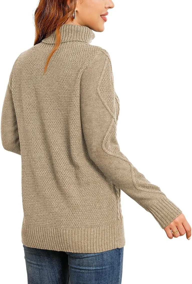 HWOKEFEIYU Women's Turtleneck Cable Knit Long Sleeve Pullover Sweater