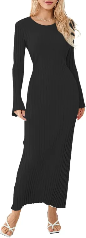 lisenraIn Women Long Sleeve Sweater Dress Elegant Bodycon Ribbed Knit Maxi Dress Spring Fall Fitted Sweater Maxi Dress