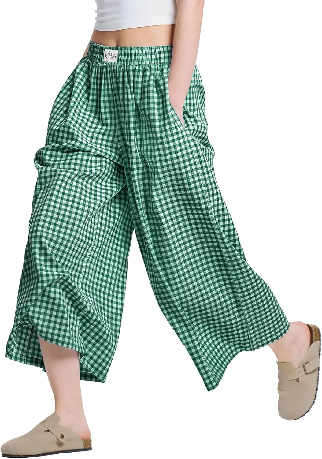 LOMON Womens Wide Leg Capri Pants Cotton Gingham Plaid Culottes Summer Elastic Waist Palazzo Trousers Bottoms with Pockets