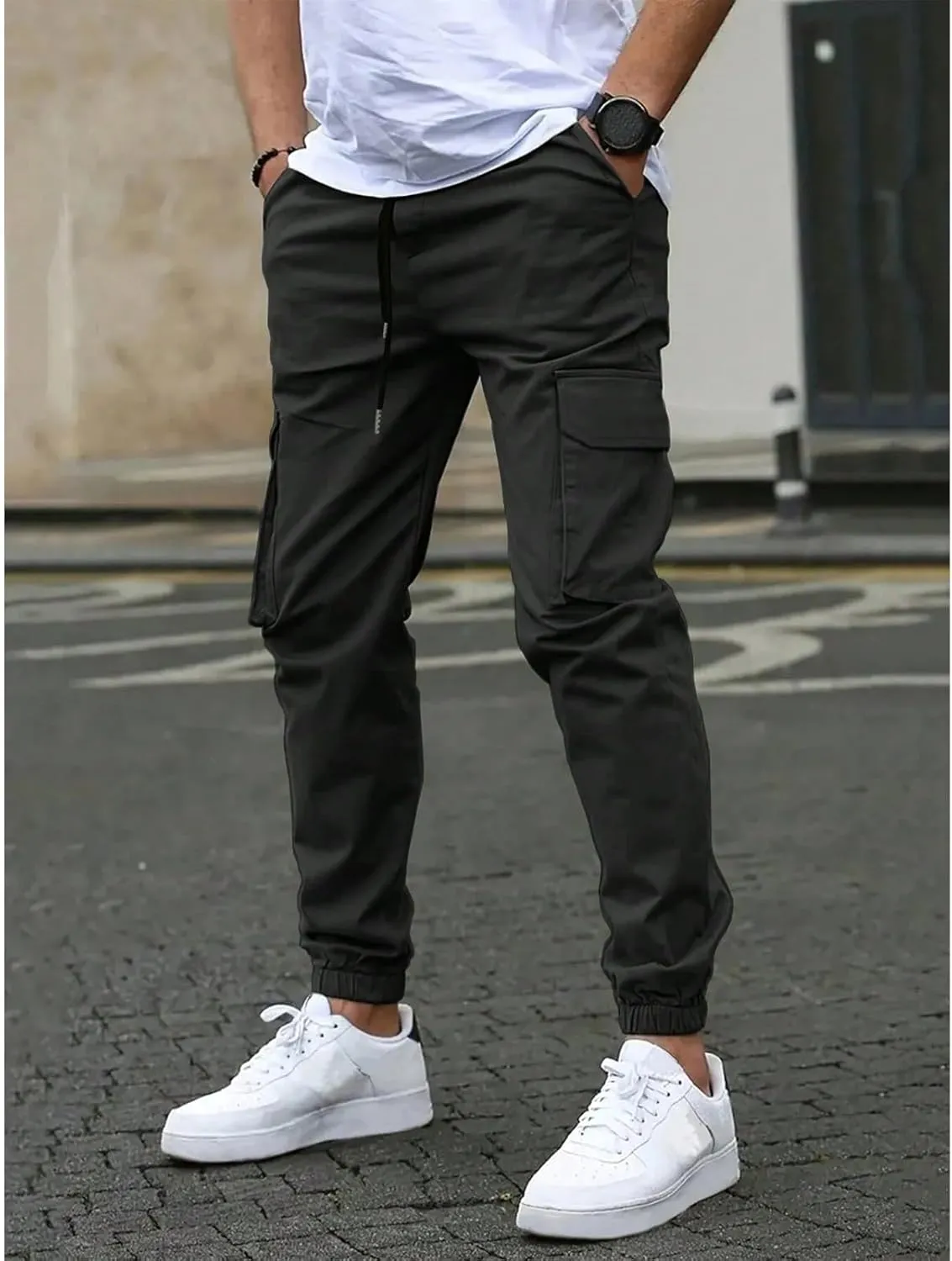 Mencomfy Cargo Pants Casual Stretch Slim Fit Hiking Pant Drawstring Athletic Joggers with Multi Pockets Tapered Trousers