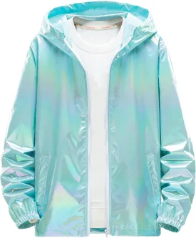 Mens Metallic Holographic Jackets Retro 70s Disco Christmas Party Hip Hop Futuristic Rave Zip Up Hoodie with Pocket