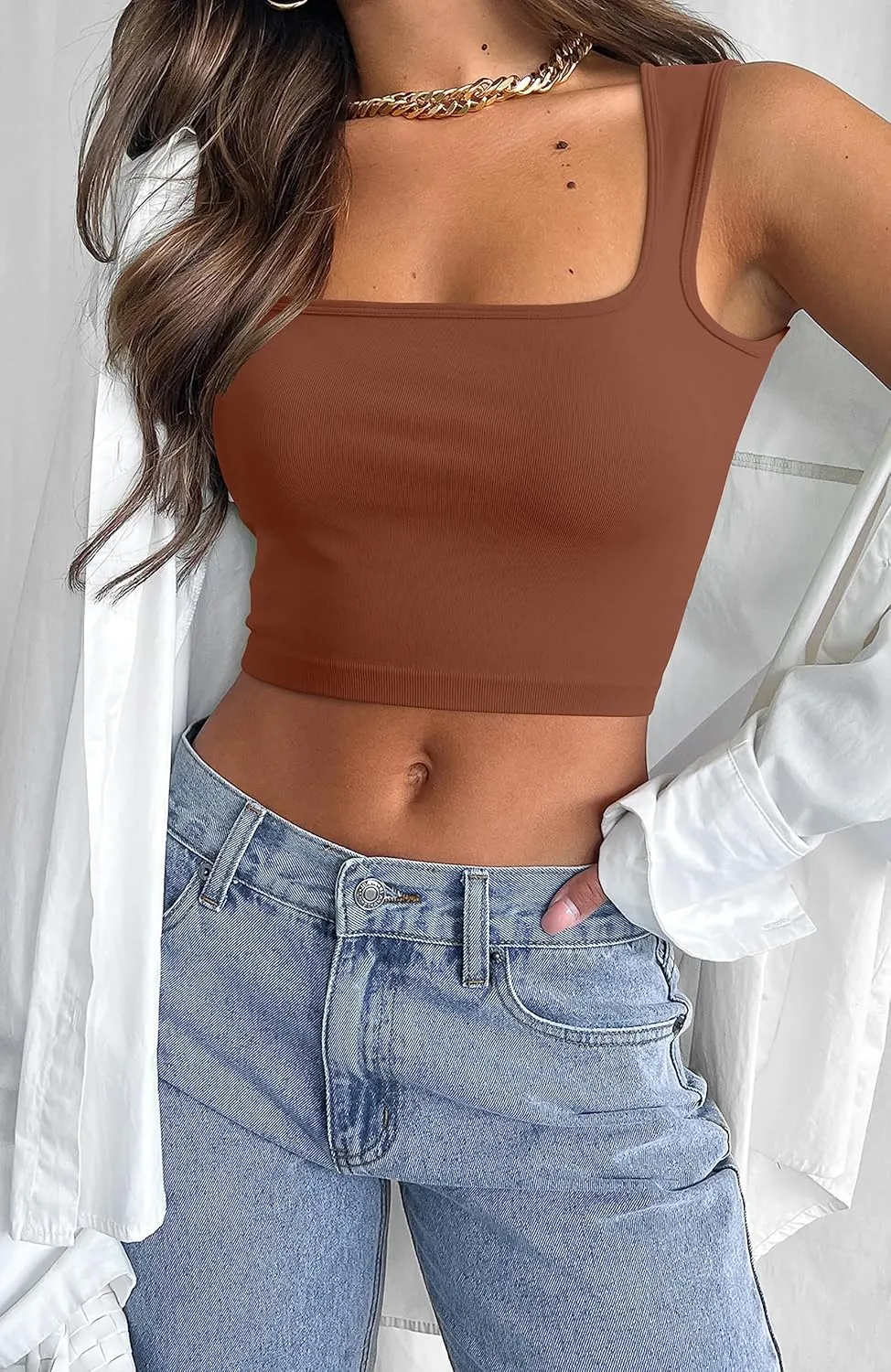 Meyeeka Women's Sleeveless Crop top Seamless Square Neck Trendy Tank top