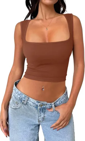 Meyeeka Women's Sleeveless Crop top Seamless Square Neck Trendy Tank top