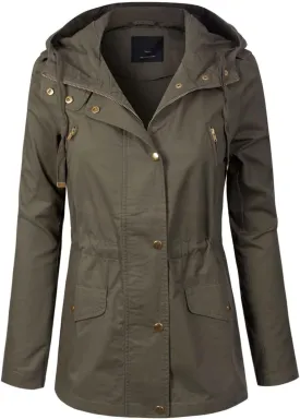 MixMatchy Women's Basic Military Anorak Jacket Zip Up Snap button Hooded Parka Safari Utility Coat with Pocket