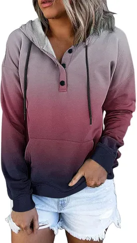 Muyise Womens 2023 Hooded Button Collar Drawstring Hoodies Pullover Sweatshirts Casual Long Sleeve Tops Shirts with Pocket