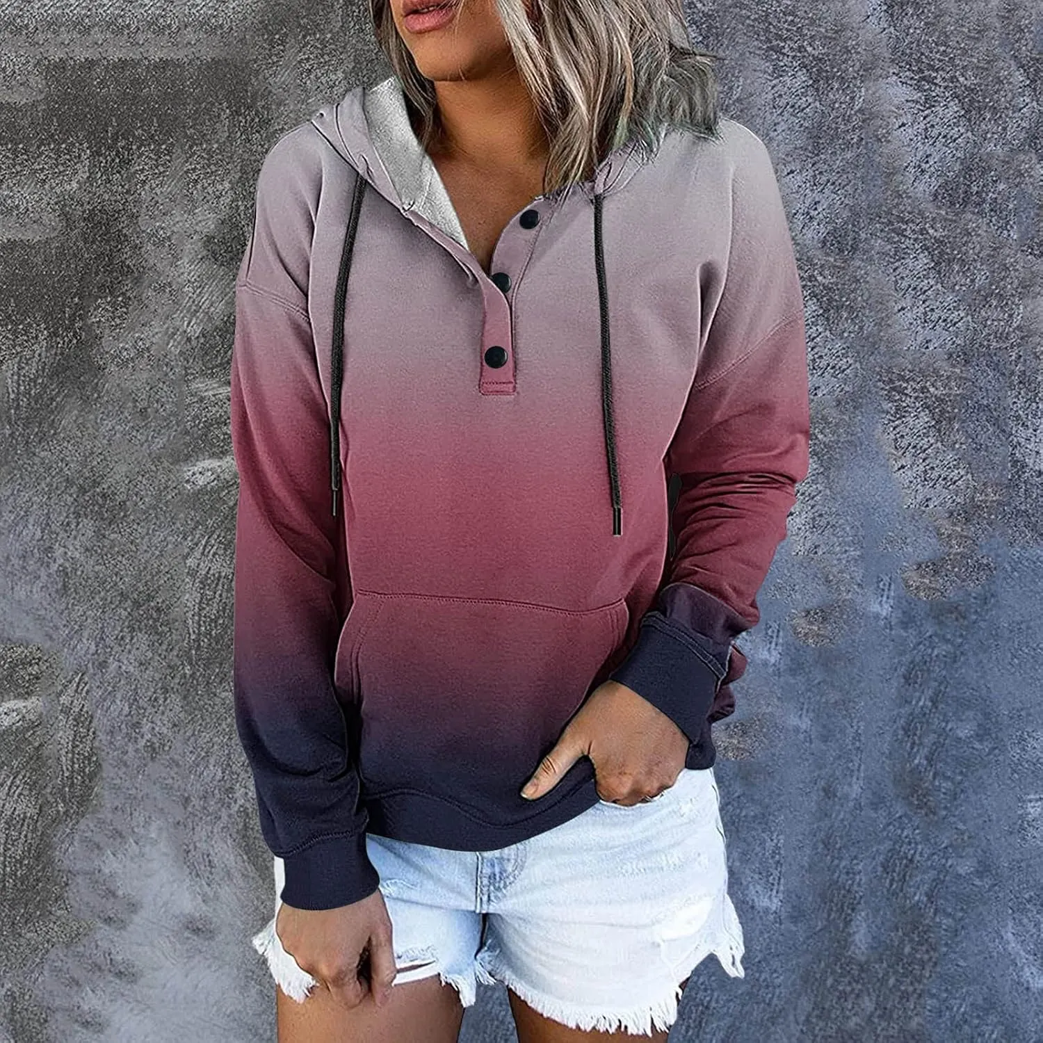 Muyise Womens 2023 Hooded Button Collar Drawstring Hoodies Pullover Sweatshirts Casual Long Sleeve Tops Shirts with Pocket
