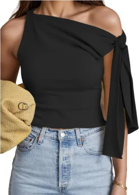 One Off Shoulder Top for Women Tie Sleeve Slim Fit Summer Going Out Asymmetrical Tank Top Fashion Blouses