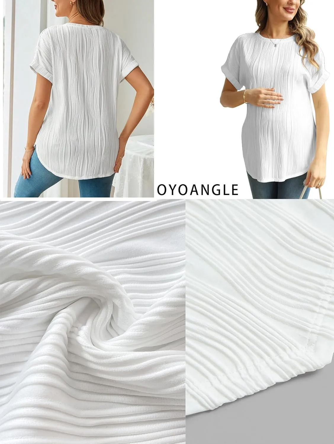 OYOANGLE Women's Casual Maternity T-Shirt Textured Short Sleeve Crew Neck Loose Tunic Top Pregnancy Blouse Tee