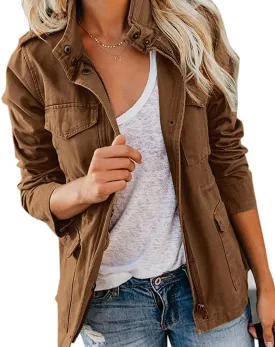 Pepochic Womens Military Jacket Zip Up Snap Buttons Lightweight Utility Anorak Field Safari Coat Outwear