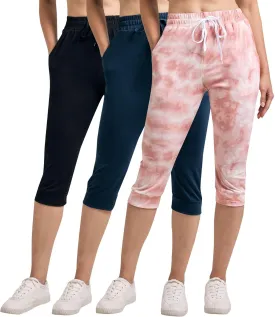 Real Essentials 3-Pack: Women's Ultra Soft Lounge Capri Joggers Sweatpants Athletic Yoga with Pockets(Available in Plus Size)