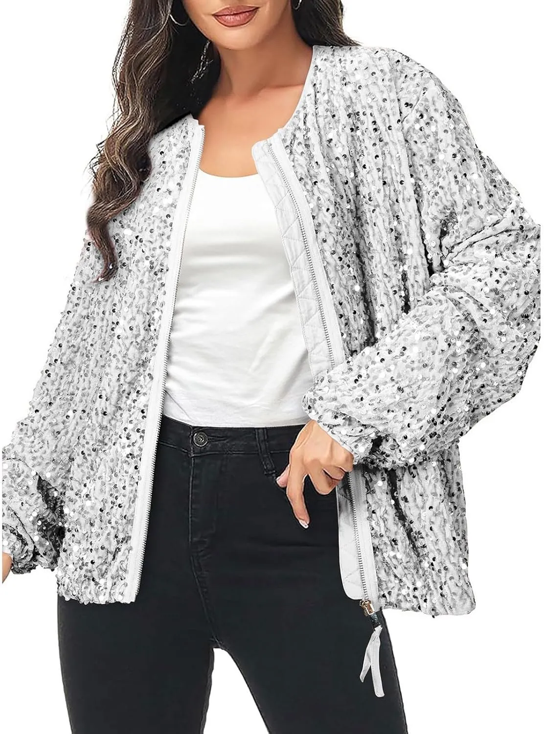 Sequin Jackets for Women Casual Sparkly Zip Up Bomber Jacket Dressy Glitter Loose Coat Outerwear Blazer Party Outfit