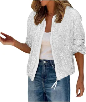 Sequin Jackets for Women Casual Sparkly Zip Up Bomber Jacket Dressy Glitter Loose Coat Outerwear Blazer Party Outfit