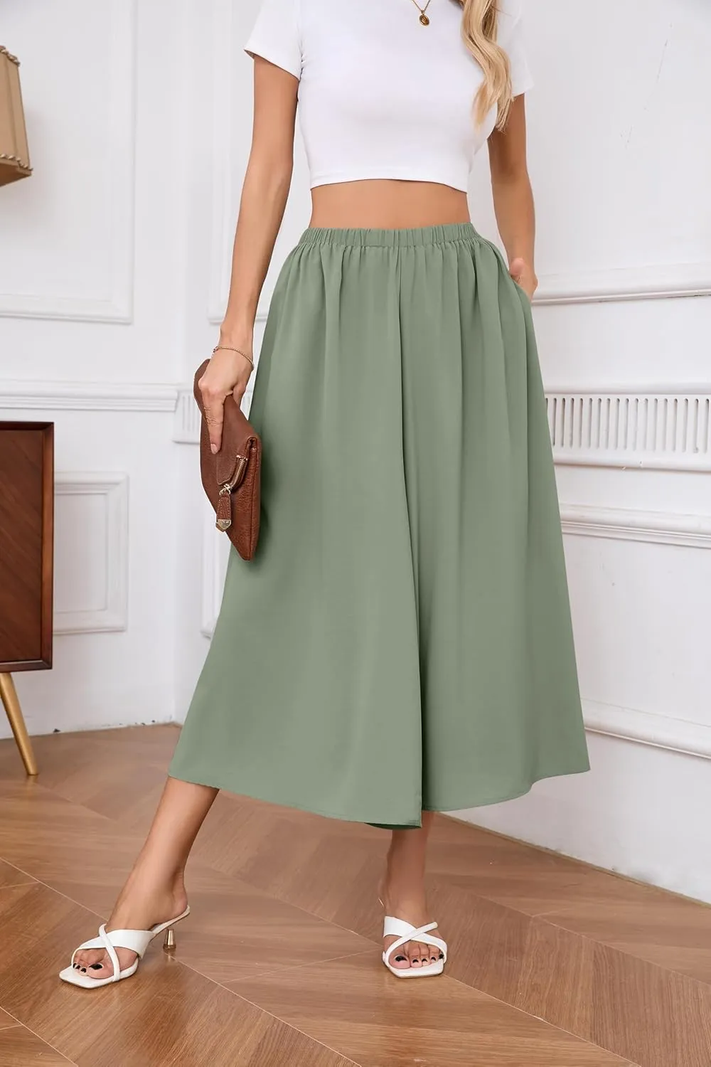 SUEANI Women's Wide Leg Capri Pants Baggy Culottes Elastic Waist Casual Palazzo Pants with Pockets