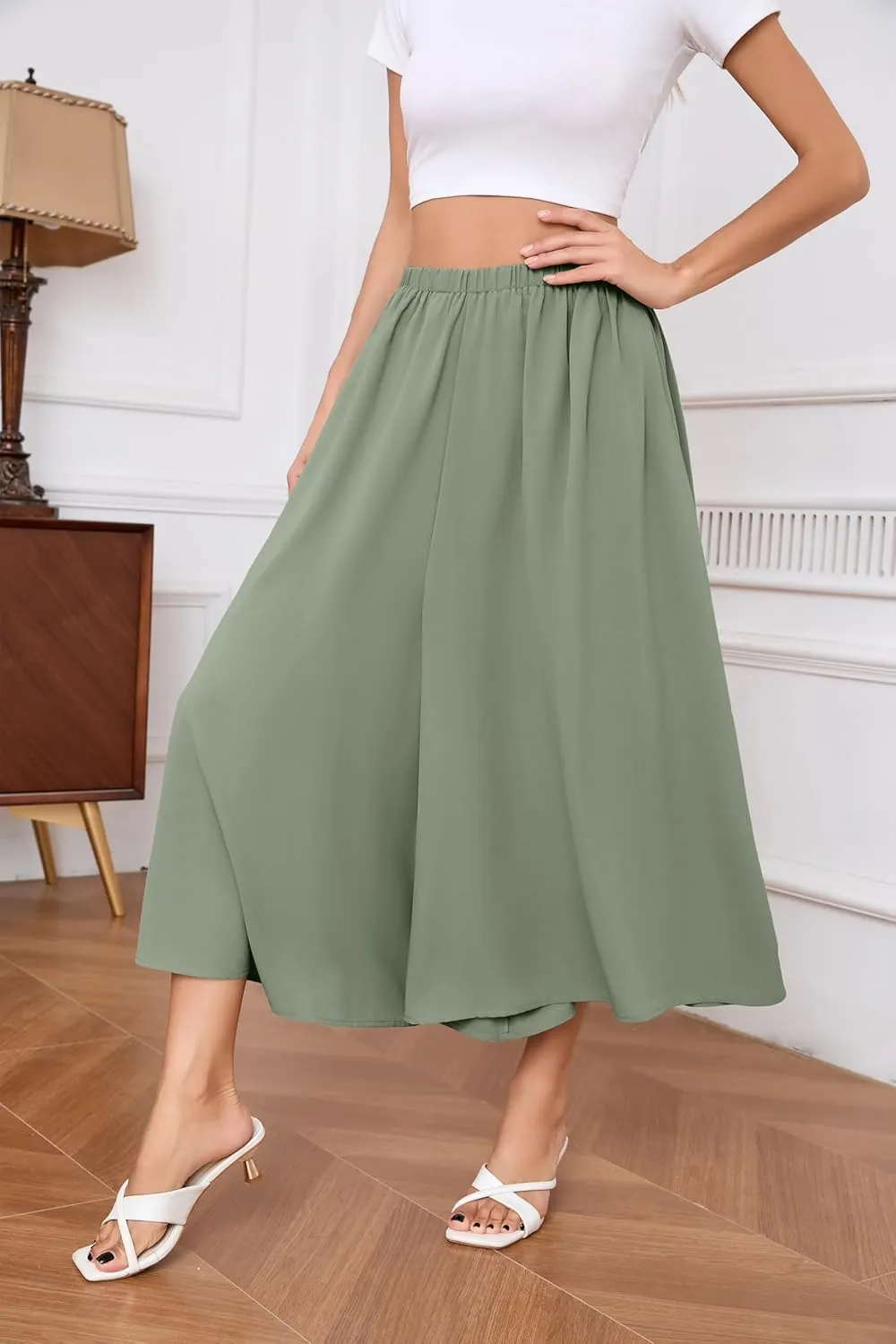 SUEANI Women's Wide Leg Capri Pants Baggy Culottes Elastic Waist Casual Palazzo Pants with Pockets