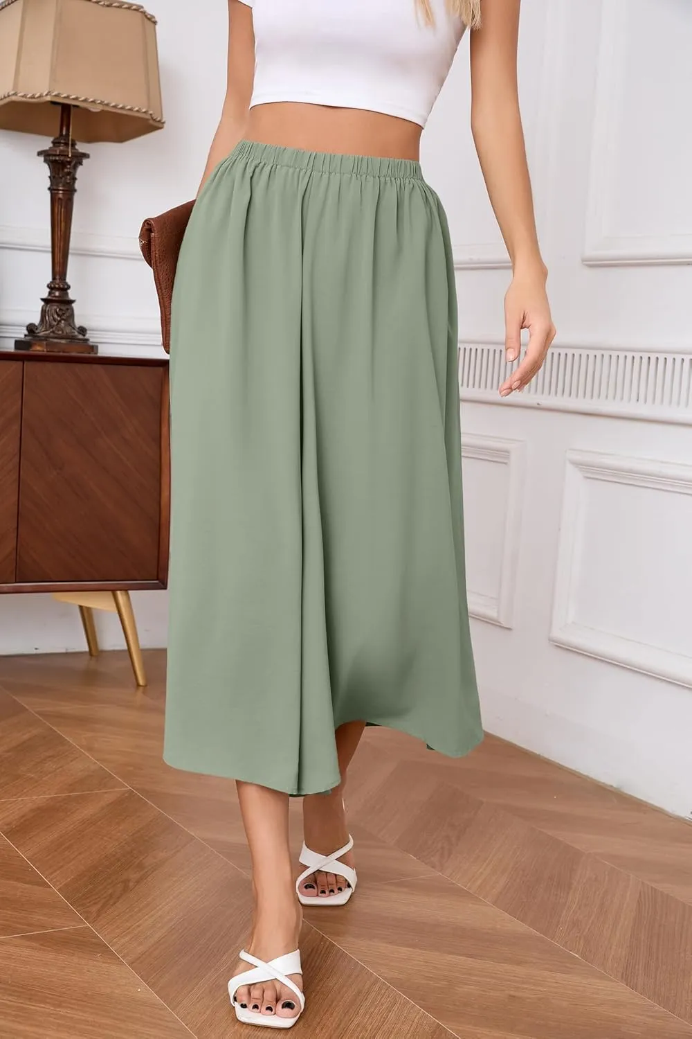 SUEANI Women's Wide Leg Capri Pants Baggy Culottes Elastic Waist Casual Palazzo Pants with Pockets