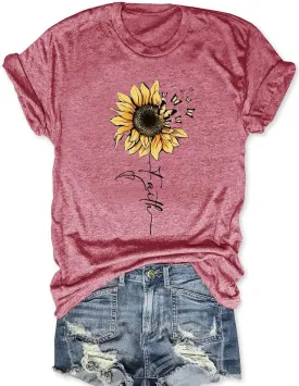 Sunflower Shirts for Women Faith Graphic Tees Short Sleeve Loose Fit Butterfly Teen Girls T Shirt Summer Tops