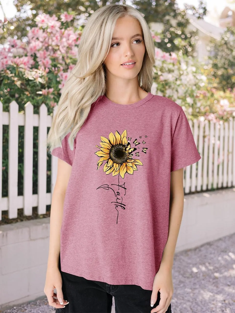 Sunflower Shirts for Women Faith Graphic Tees Short Sleeve Loose Fit Butterfly Teen Girls T Shirt Summer Tops