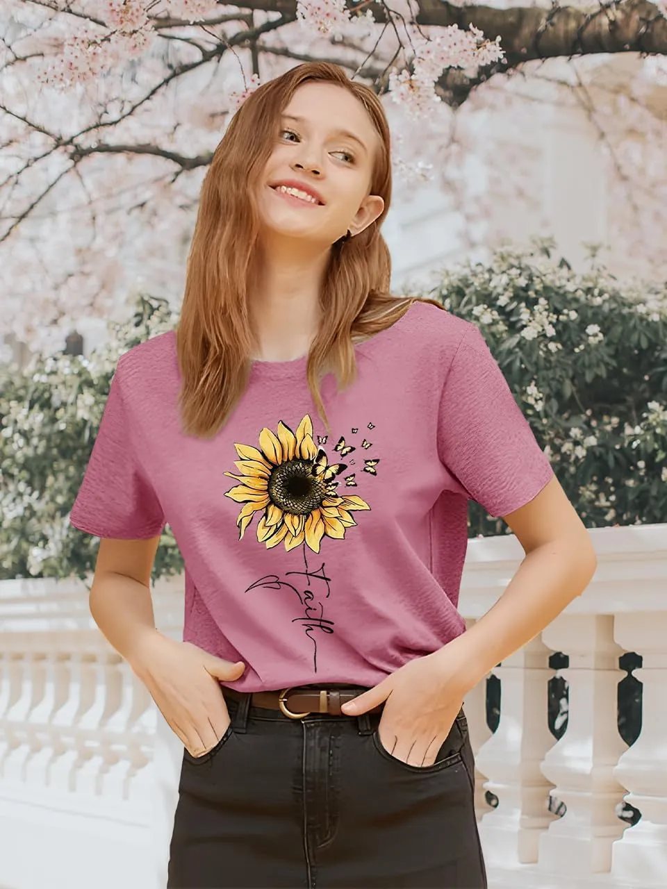 Sunflower Shirts for Women Faith Graphic Tees Short Sleeve Loose Fit Butterfly Teen Girls T Shirt Summer Tops