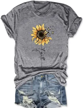 Sunflower Shirts for Women Faith Graphic Tees Short Sleeve Loose Fit Butterfly Teen Girls T Shirt Summer Tops