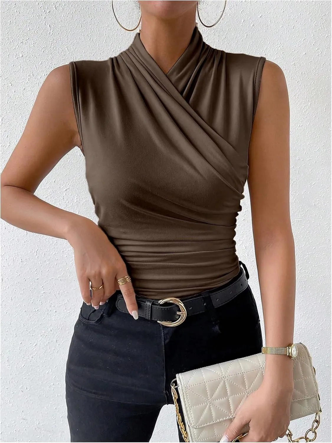 SweatyRocks Women's Ruched Wrap Mock Neck Tank Tops Casual Sleeveless Solid Slim Fit Tank Top