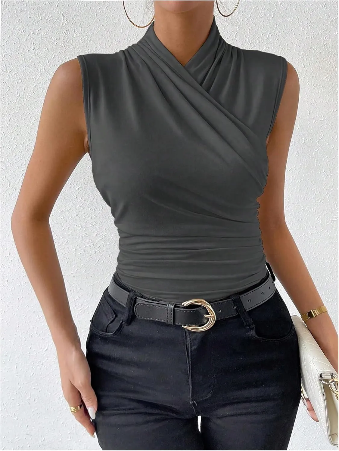 SweatyRocks Women's Ruched Wrap Mock Neck Tank Tops Casual Sleeveless Solid Slim Fit Tank Top