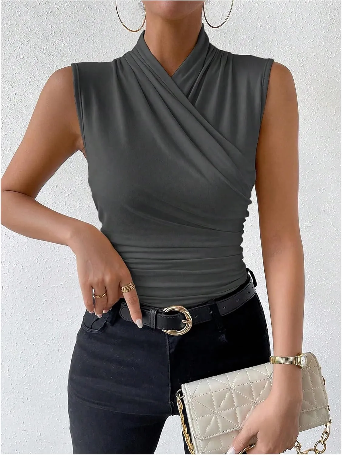 SweatyRocks Women's Ruched Wrap Mock Neck Tank Tops Casual Sleeveless Solid Slim Fit Tank Top