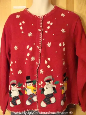 Tacky Red Cheesy Holiday Sweater with Snowman Friends in Plaid Stockings with Floating Candycanes and Snowflakes (f1141)